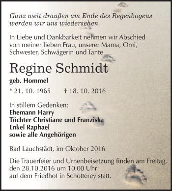 Traueranzeige von Regine Schmidt von WVG - Wochenspiegel Merseburg