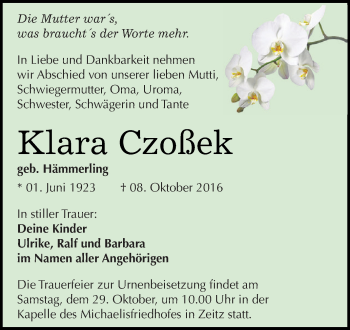 Traueranzeige von Klara Czoßek von Super Sonntag Zeitz