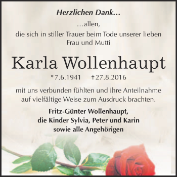 Traueranzeige von Karla Wollenhaupt von WVG - Wochenspiegel Bitterfeld