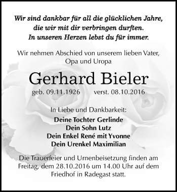 Traueranzeige von Gerhard Bieler von Mitteldeutsche Zeitung Köthen