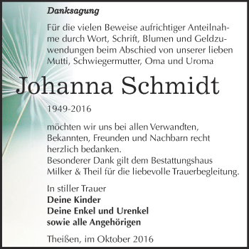 Traueranzeige von Johanna Schmidt von Super Sonntag Zeitz