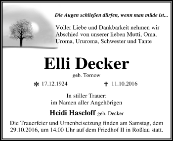 Traueranzeige von Elli Decker von Mitteldeutsche Zeitung Dessau-Roßlau