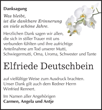 Traueranzeige von Elfriede Deutschbein von Mitteldeutsche Zeitung Bitterfeld