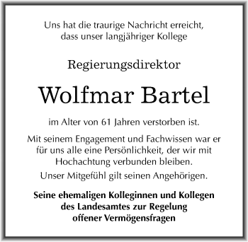 Traueranzeige von Wolfmar Bartel von Mitteldeutsche Zeitung Halle/Saalkreis