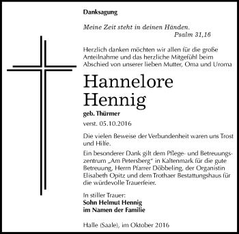Traueranzeige von Hannelore Hennig von Mitteldeutsche Zeitung Halle/Saalkreis