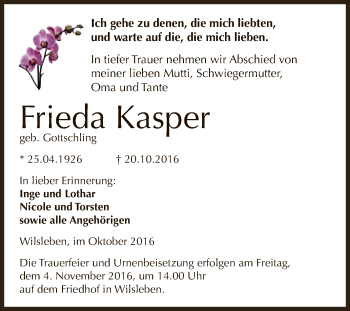 Traueranzeige von Frieda Kasper von Super Sonntag Aschersleben