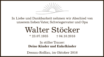 Traueranzeige von Walter Stöcker von WVG - Wochenspiegel Dessau / Köthen