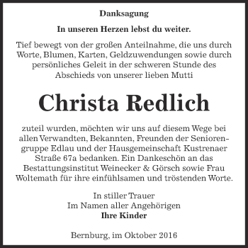 Traueranzeige von Christa Redlich von Super Sonntag Bernburg