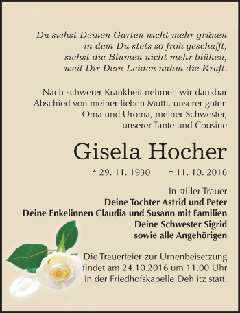 Traueranzeige von Gisela Hocher von Mitteldeutsche Zeitung Weißenfels
