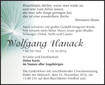 Traueranzeige von Wolfgang Hanack von Mitteldeutsche Zeitung Halle/Saalkreis
