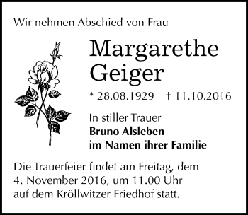 Traueranzeige von Margarethe Geiger von Mitteldeutsche Zeitung Halle/Saalkreis