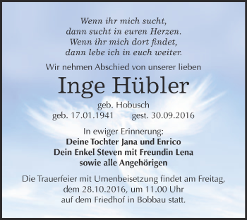 Traueranzeige von Inge Hübler von WVG - Wochenspiegel Bitterfeld