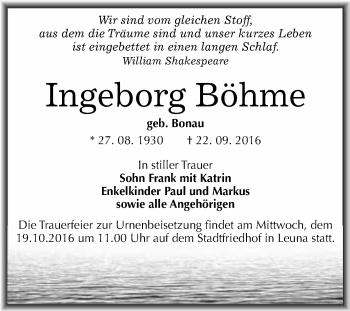 Traueranzeige von Ingeborg Böhme von WVG - Wochenspiegel Merseburg