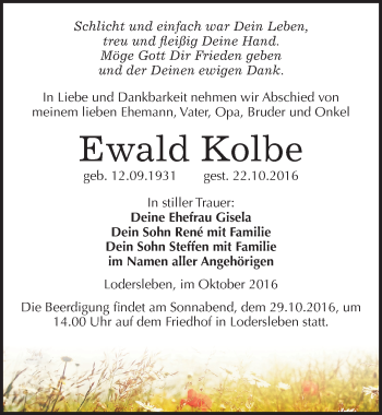 Traueranzeige von Ewald Kolbe von Mitteldeutsche Zeitung Merseburg/Querfurt