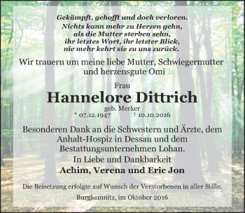 Traueranzeige von Hannelore Dittrich von Mitteldeutsche Zeitung Bitterfeld