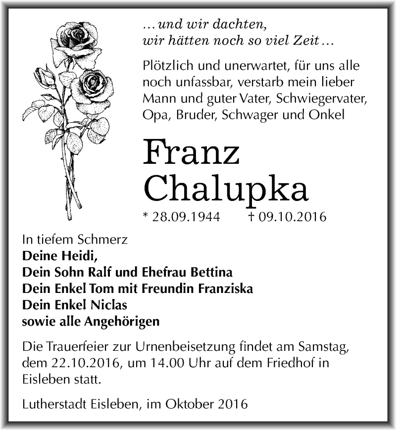  Traueranzeige für Franz Chalupka vom 15.10.2016 aus Mitteldeutsche Zeitung Mansfelder Land