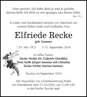 Traueranzeige von Elfriede Recke von WVG - Wochenspiegel NMB / WSF / ZTZ