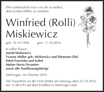 Traueranzeige von Winfried Miskiewicz von Super Sonntag Aschersleben