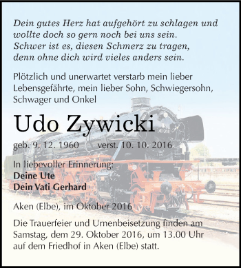 Traueranzeige von Udo Zywicki von WVG - Wochenspiegel Dessau / Köthen
