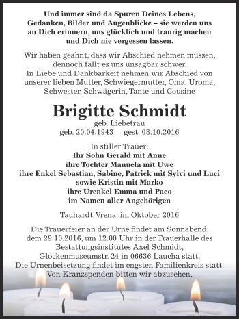 Traueranzeige von Brigitte Schmidt von WVG - Wochenspiegel NMB / WSF / ZTZ