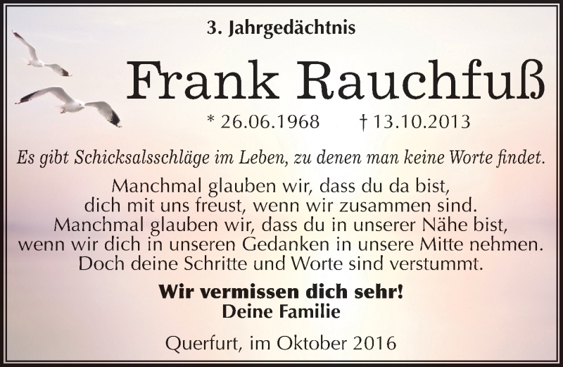  Traueranzeige für Frank Rauchfuß vom 13.10.2016 aus Mitteldeutsche Zeitung Merseburg/Querfurt