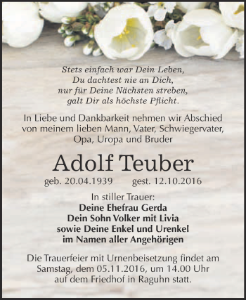 Traueranzeige von Adolf Teuber von WVG - Wochenspiegel Bitterfeld