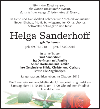 Traueranzeige von Helga Sanderhoff von Mitteldeutsche Zeitung Sangerhausen