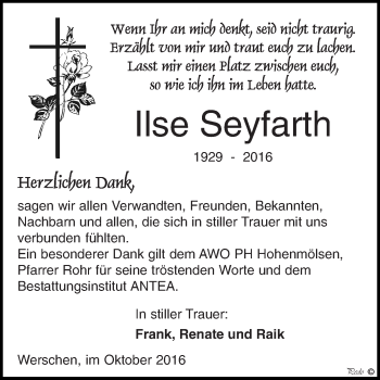 Traueranzeige von Ilse Seyfarth von WVG - Wochenspiegel NMB / WSF / ZTZ