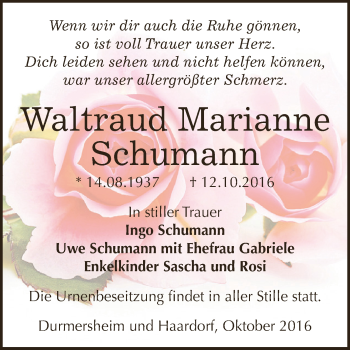 Traueranzeige von Waltraud Marianne Schumann von Super Sonntag Zeitz