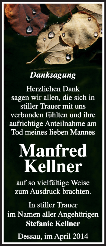 Traueranzeige von Manfred Kellner von Super Sonntag Dessau / Köthen