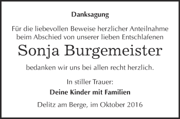 Traueranzeige von Sonja Burgemeister von WVG - Wochenspiegel Merseburg