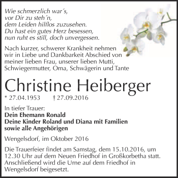 Traueranzeige von Christine Heiberger von Super Sonntag Merseburg