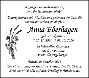 Traueranzeige von Anna Eberhagen von Mitteldeutsche Zeitung Sangerhausen