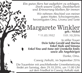 Traueranzeige von Margarete Winkler von Super Sonntag Wittenberg