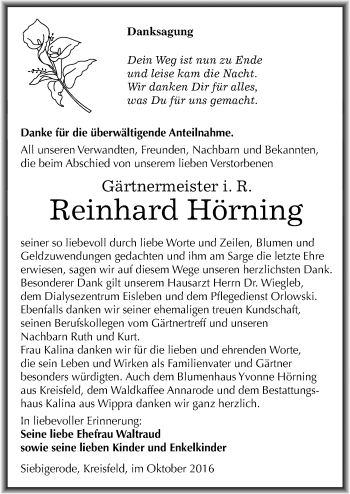 Traueranzeige von Reinhard Hörning von Mitteldeutsche Zeitung Mansfelder Land