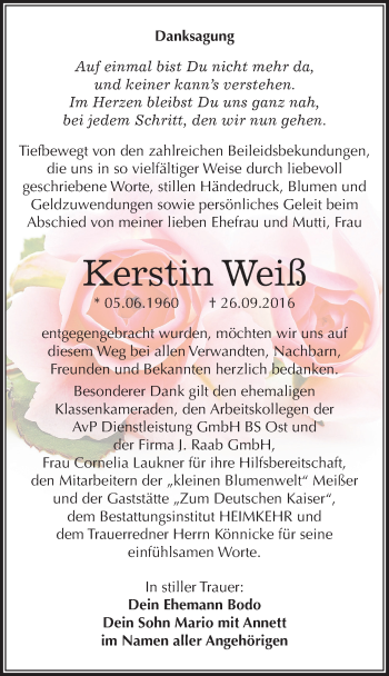 Traueranzeige von Kerstin Weiß von Mitteldeutsche Zeitung Weißenfels