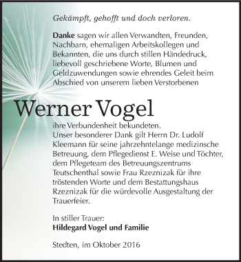 Traueranzeige von Werner Vogel von Mitteldeutsche Zeitung Mansfelder Land