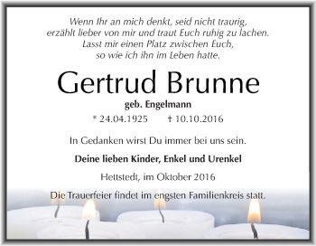 Traueranzeige von Gertrud Brunne von Super Sonntag SGH Mansf. Land