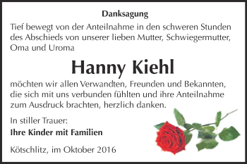 Traueranzeige von Hanny Kiehl von Super Sonntag Merseburg