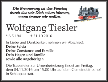 Traueranzeige von Wolfgang Tiesler von Mitteldeutsche Zeitung Merseburg/Querfurt