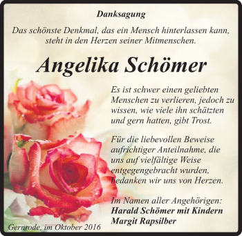 Traueranzeige von Angelika Schömer von Mitteldeutsche Zeitung Quedlinburg