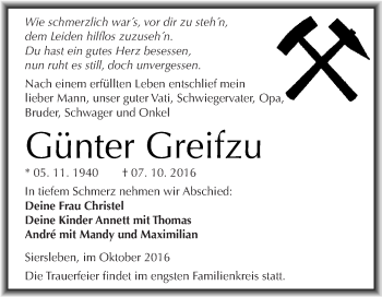 Traueranzeige von Günter Greifzu von Super Sonntag SGH Mansf. Land