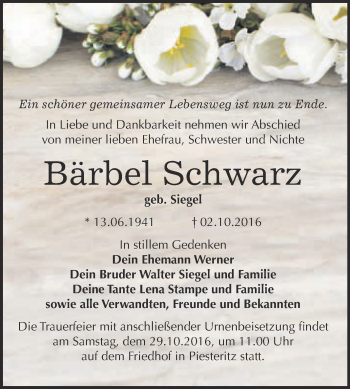 Traueranzeige von Bärbel Schwarz von WVG - Wochenspiegel Wittenberg
