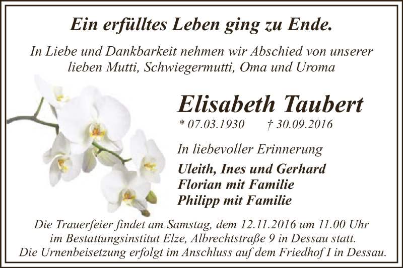  Traueranzeige für Elisabeth Taubert vom 26.10.2016 aus WVG - Wochenspiegel Dessau / Köthen