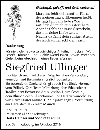 Traueranzeige von Siegfried Ullinger von Mitteldeutsche Zeitung Wittenberg