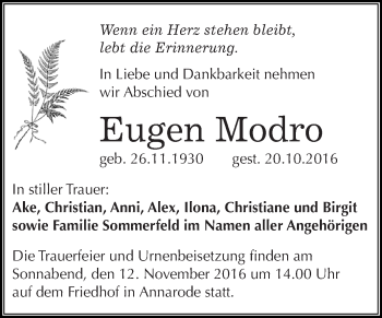 Traueranzeige von Eugen Modro von Super Sonntag SGH Mansf. Land