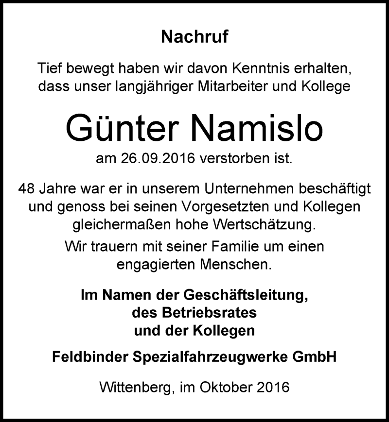  Traueranzeige für Günter Namislo vom 15.10.2016 aus Mitteldeutsche Zeitung Wittenberg