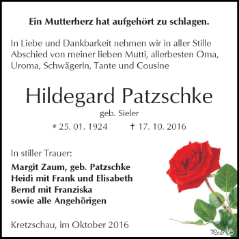 Traueranzeige von Hildegard Patzschke von Super Sonntag Zeitz