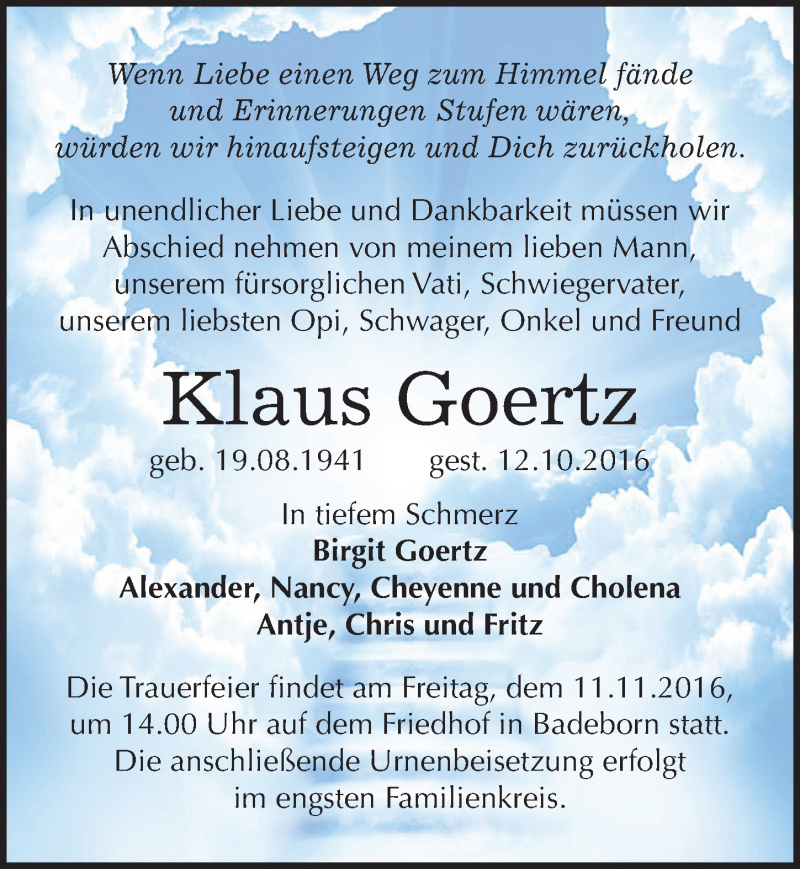  Traueranzeige für Klaus Goertz vom 29.10.2016 aus Mitteldeutsche Zeitung Quedlinburg