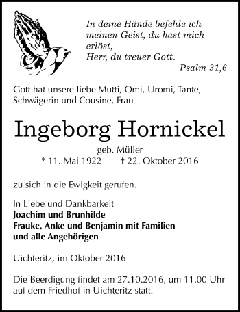 Traueranzeige von Ingeborg Hornickel von Mitteldeutsche Zeitung Weißenfels